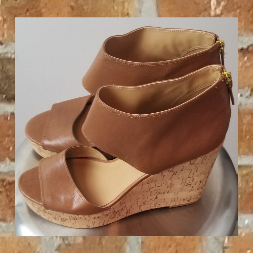 Nine West Women's Tan Leather Cork Wedges